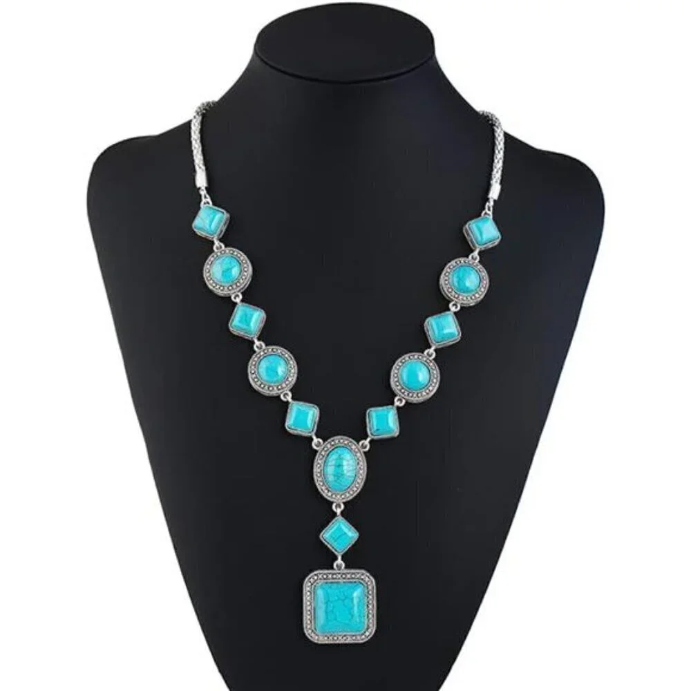 Bohemian Turquoise Necklace Set - Women's Cowgirl Chic Jewelry Set Turquoise
